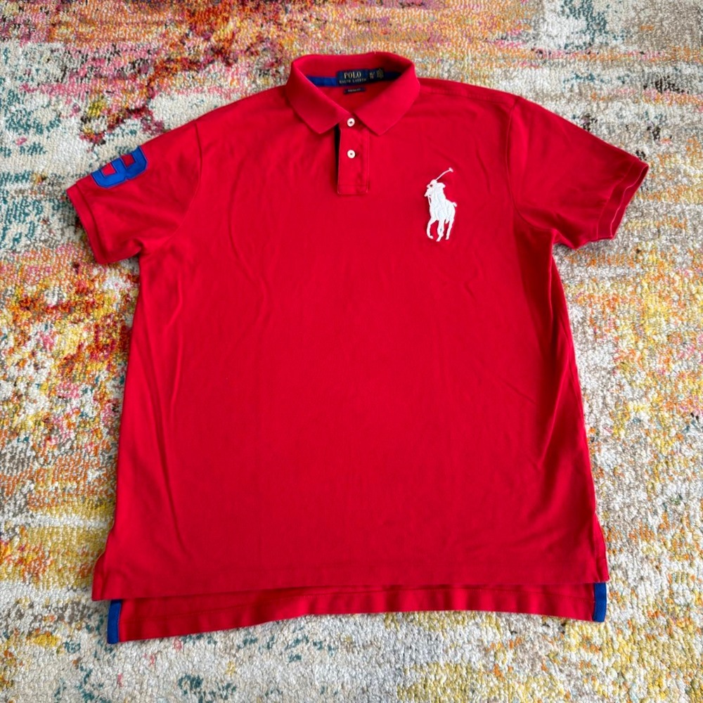 Polo Ralph Lauren Big Pony Polo Shirt Mens XL Red Custom Fit Sleeve Patch 3